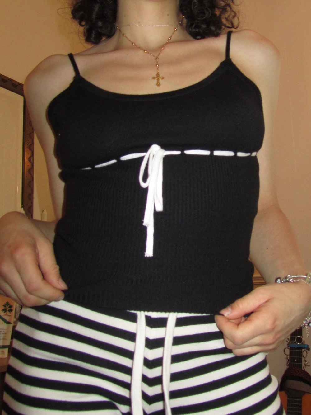 Black Spaghetti Strap Tank with White Tie up
